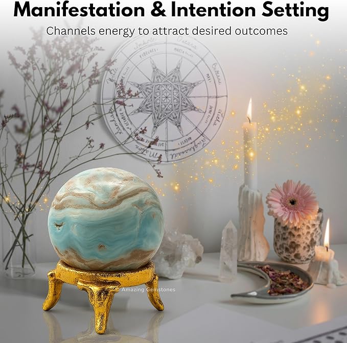 Amazing Gemstone Caribbean Calcite Crystal Ball with Stand - 2" Inches Crystal Sphere Meditation Balls for Witchcraft and Decorative Balls