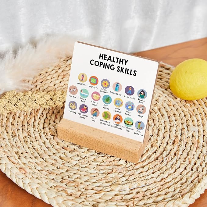 Mental Health Sign, Inspirational Positive Plaque Sign, Mental Health Growth Mindset Wooden Sign Decor with Wooden Stand, Positive Gifts for Psychologist School Counselor Student Boy Girl