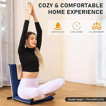 14-Position Adjustable Floor Chair with Back Support - Portable Gound Seating for Adults & Kids, Foldable Meditation Chair with Japanese KOYO Bearings & Washable Linen Cover (Blue)