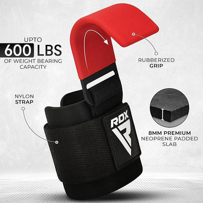 RDX Weight Lifting Hooks for Deadlifting (Pair) - 600Lbs Capacity - 8MM Neoprene Wrist Support Wraps - Grip Enhancer for Pull Ups Lat Pulldowns Rows - Adjustable Gym Workout Power Straps for Men Women