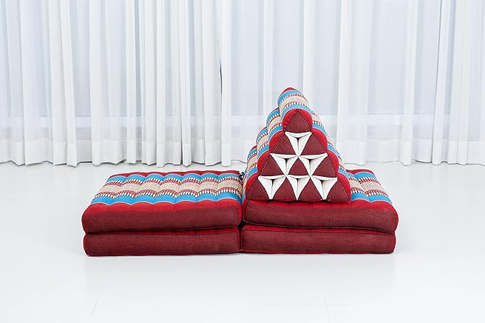 Leewadee Comfortable Japanese Floor Mattress - Thai Floor Bed with Triangle Cushion - Futon Mattress - XL Extra Long Thai Massage Mat, 89 x 20 inches, Blue Red, Kapok Filling