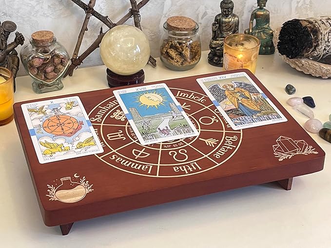 Altar Table, Meditation Table, Small Altar Table, Wooden Witch Altar, Wiccan Alter Table, Buddhist Shrine, Engraved The Wheel of The Year on Table Top, 12 × 8 inches