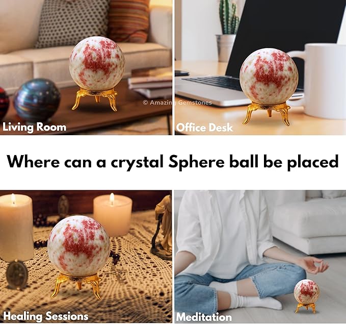 Amazing Gemstone Cinnabarite Crystal Ball with Stand - 2 Inches Crystal Sphere Meditation Balls for Witchcraft and Decorative Balls