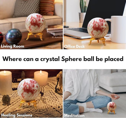 Amazing Gemstone Cinnabarite Crystal Ball with Stand - 2 Inches Crystal Sphere Meditation Balls for Witchcraft and Decorative Balls