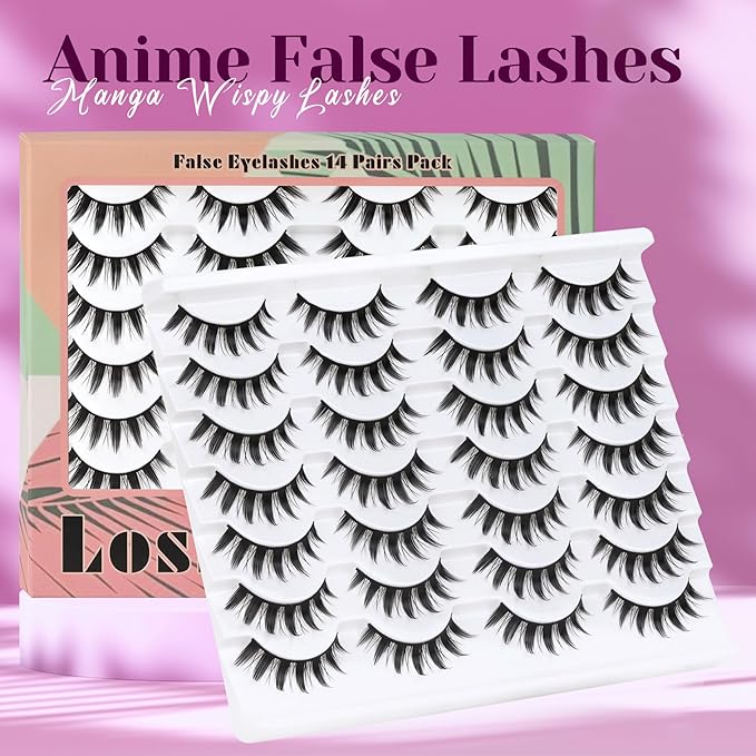 Losha Lashes Spiky Manga Lashes 14 Pairs Wispy False Eyelashes 8D Soft Anime Eye Lashes Natural Fluffy Asian Fake Eyelashes (Manga-14P)