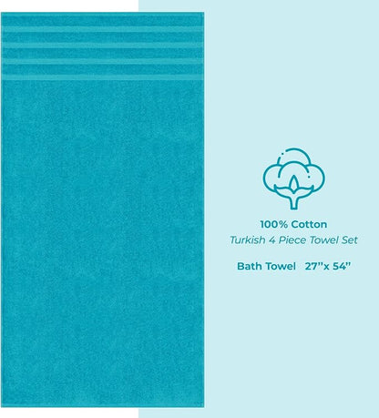 American Soft Linen Luxury 4 Piece Bath Towel Set, 600 GSM 100% Cotton Turkish Bath Towels for Bathroom, 27x54 in Extra Large Bathroom Shower Towels, Aqua Blue