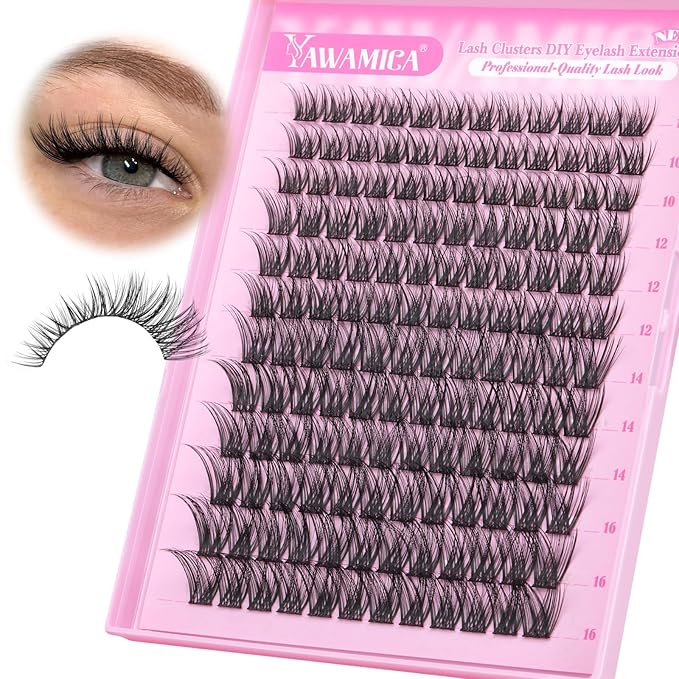 Yawamica Wispy Lash Clusters C Curly Individual Lashes DIY Cluster Eyelash Extensions 10-16mm Natural Eyelash Clusters 144 pcs Soft Lashes Clusters with Thin Lash Band DIY Lash for Self Application