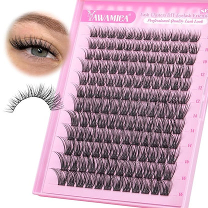 Yawamica Wispy Lash Clusters C Curly Individual Lashes DIY Cluster Eyelash Extensions 10-16mm Natural Eyelash Clusters 144 pcs Soft Lashes Clusters with Thin Lash Band DIY Lash for Self Application