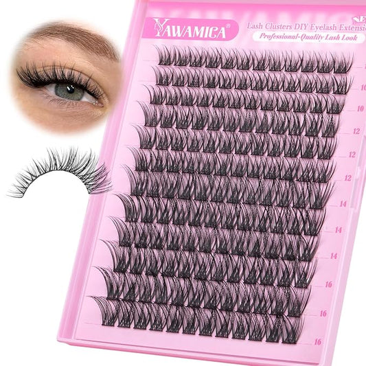 Yawamica Wispy Lash Clusters C Curly Individual Lashes DIY Cluster Eyelash Extensions 10-16mm Natural Eyelash Clusters 144 pcs Soft Lashes Clusters with Thin Lash Band DIY Lash for Self Application