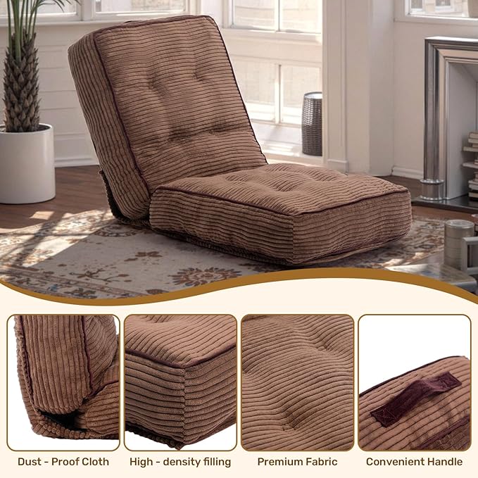 HollyHOME Adjustable Floor Chair with 6 Positions, Folding Lazy Sofa Recliner with Back Support, Thick Sponge Cushion and Portable Handle, Comfy Gaming Meditation Chair for Dorm, Bedroom, Coffee