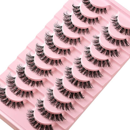 Lashes False Wispy Eyelashes Natural Cat Eye Lash Strips 10 Pairs Fake Mink Eyelash Pack 8-15mm Natural Look Fluffy Strip Lashes Clear Band Easy Eyelashes for Beginners with Cluster Looking