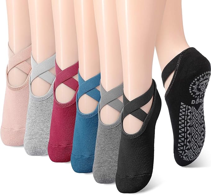 Geyoga 6 Pairs Pilates Socks for Women Barre Yoga Ballet Non-slip Athletic Socks with Grip Straps for Barefoot Workout
