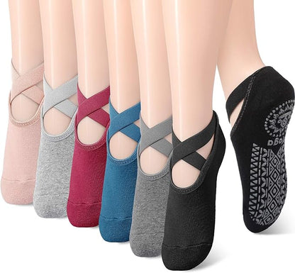 Geyoga 6 Pairs Pilates Socks for Women Barre Yoga Ballet Non-slip Athletic Socks with Grip Straps for Barefoot Workout