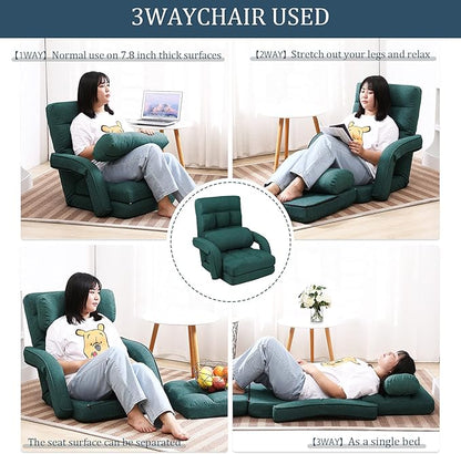 FLOGUOR 14-Position Adjustable Floor Chair, Chaise Lounge Indoor, Folding Lazy Sofa with Armrests and a Pillow Padded Adults Gaming Chairs for Living Room, Bedroom Factory Price (Green) 8803GN