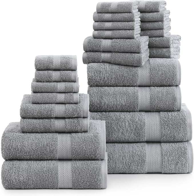 LANE LINEN Cotton Bath Towel Set - 24 Pcs - Highly Absorbent, Quick Dry & Ultra Soft - 2 Bath Sheets, 4 Bath, 6 Hand Towels, 8 Washcloths, 4 Fingertip - Oeko Tex Certified - Space Grey