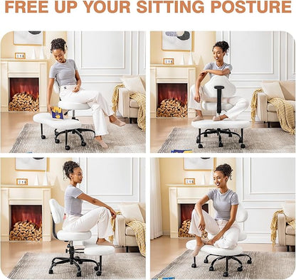 Cross Legged Office Chair, Criss Cross Desk Chair ADHD Meditation Kneeling Yoga Seat with Adjustable Height, Lumbar Support, Wider Footrest and Wheels (Pearl White)