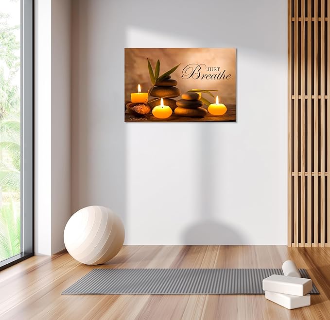YIOZHAOFH Zen Wall Decor Just Breathe Motivational Bathroom Wall Art Yoga Room Poster for Women Spa Picture Painting Spiritual Artwork Framed for Living Room Ready to Hang (24L x 36W)