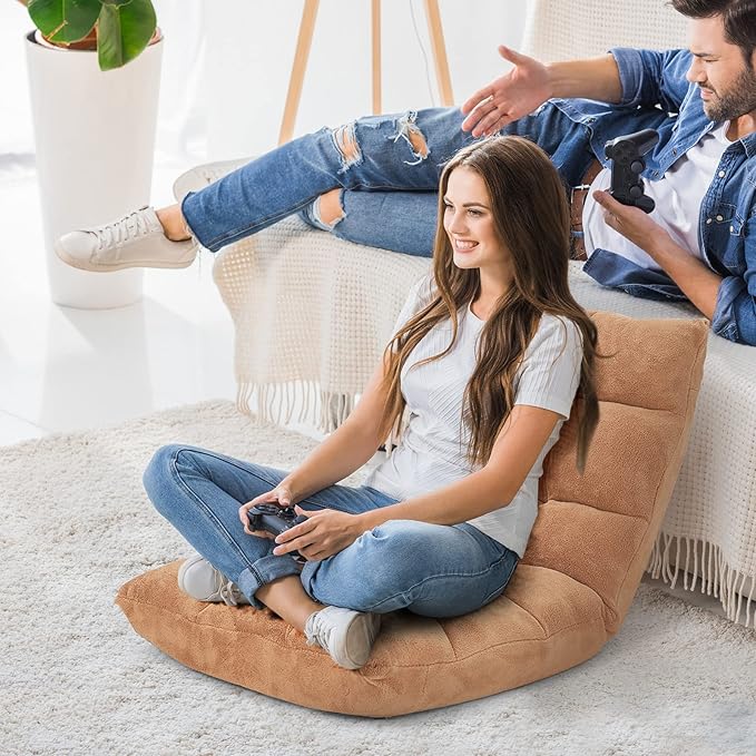 Moccha 14-Position Floor Chair, Folding Sofa Chair with Back Support, Memory Foam Floor Gaming Chairs for Adults, Adjustable Padded Couch Recliner Sleeper Bed for Reading, Meditating, Beige