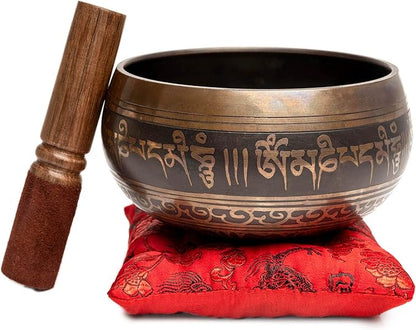 Tibetan Singing Bowl Set Authentic – Handmade in Nepal Sound & Meditation Bowl – Spiritual Decor for Yoga, Wellness Spaces & Relaxation by Himalayan Bazaar (Brown & Red)