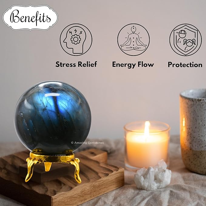 Amazing Gemstone Labradorite Crystal Ball with Stand - 2 Inches Crystal Sphere Meditation Balls for Witchcraft and Decorative Balls