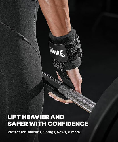 DMoose Fitness Weight Lifting Hooks (Pair) for Deadlifts, Pull Ups, Rows & Shrugs - Anti-Rip Nylon Strap Hand Grips with Thick Wrist Padding - Heavy Duty Wrist Straps for Weightlifting & Gym Workouts