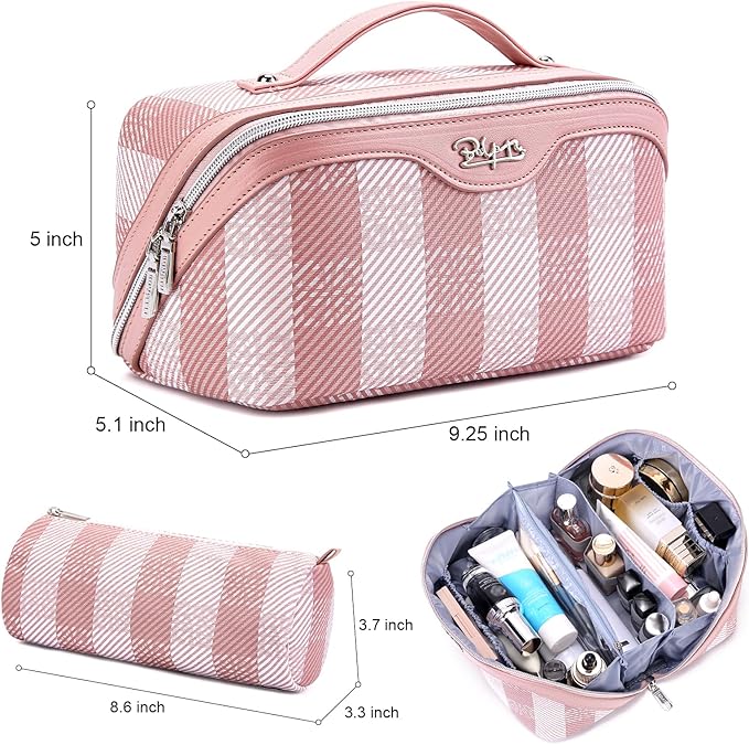 BOYATU Travel Makeup Bag Organizer Cosmetic Bag: 3 Pcs Set Make up Bags for Women with Handle - Waterproof Vegan Leather Toiletry Bags Travel Essentials Pouch with Compartments (F-03-Pink)