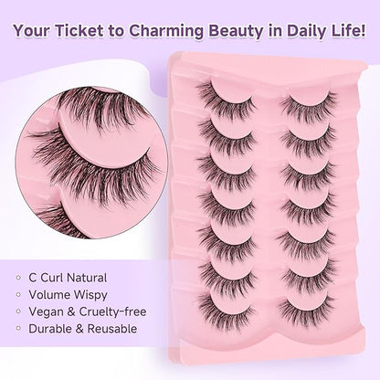 False Eyelashes 16MM Lashes Natural Wispy Eyelashes Thin Band Fluffy Lashes Pack +3D Volume False Lashes Soft Strip Lashes C Curl Natural Eyelashes Fake Lashes 7 Pair EVENTILL