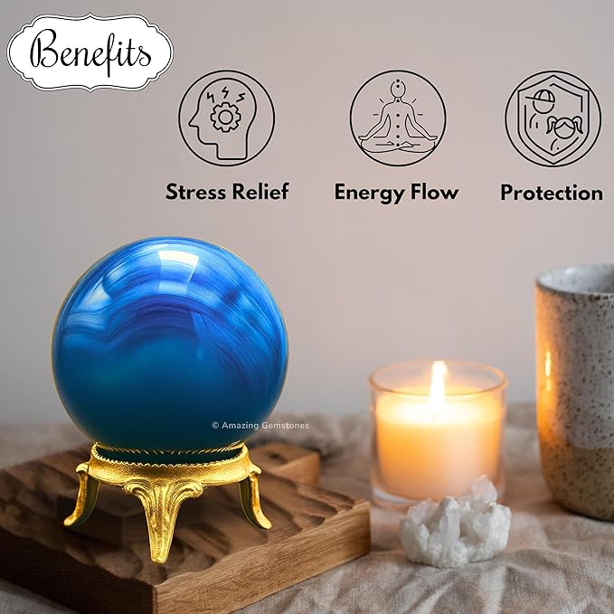 Amazing Gemstone Blue Onyx Crystal Ball with Stand - 2" Inches Crystal Sphere Meditation Balls for Witchcraft and Decorative Balls