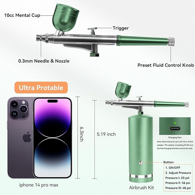 Airbrush Kit With Compressor - 48PSI Rechargeable Cordless Non-Clogging High-Pressure Air Brush Set with 0.3mm Nozzle and Cleaning Brush Set for Nail Art, Makeup, Painting, Cake Decor (Green)