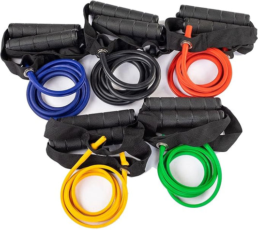 Body-Solid Tools (BSTRT) Medium Resistance Tube Bands - Exercise Tubes for Workouts, Beachbody Fitness, Home Gym - Durable Resistance Tubing with Comfort Grip Handles - (BSTRT-5PACK)