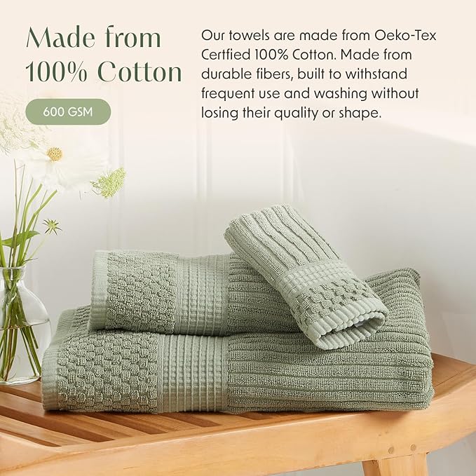 Springtree Home 100% Cotton Towel Set | 6 Piece Set | Super Soft & Absorbent Quick-Dry 2 Bath Towels 2 Hand Towels & 2 Washcloths | Textured and Durable Cotton | Krista Collection - Lily Pad Green