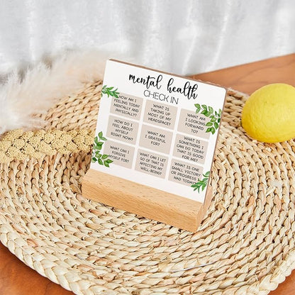 Mental Health Inspirational Gift, Positive Self Affirmations Wooden Sign, Mental Health Check in Wood Sign with Wooden Stand, Cheer Up Gifts for Psychologist School Counselor Student Boy Girl