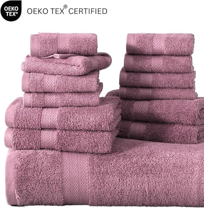 LANE LINEN 100% Cotton Bathroom Towels Set - 24 Pc - Ringspun, Quick Dry, Soft & Absorbent - 2 Bath Sheets, 4 Bath, 6 Hand Towels, 8 Washcloths, 4 Fingertip - Medium GSM, Regular Use - Wistful Mauve