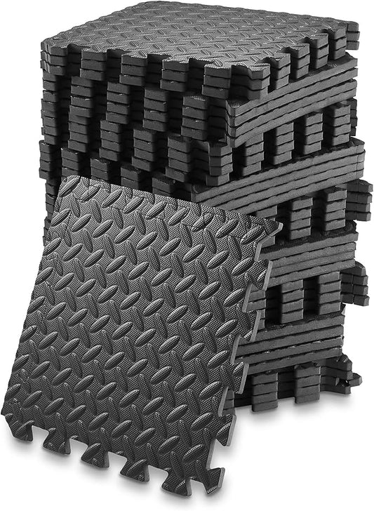 Philosophy Gym Pack of 36 Exercise Flooring Mats - 12 x 12 Inch Foam Rubber Interlocking Puzzle Floor Tiles - Black