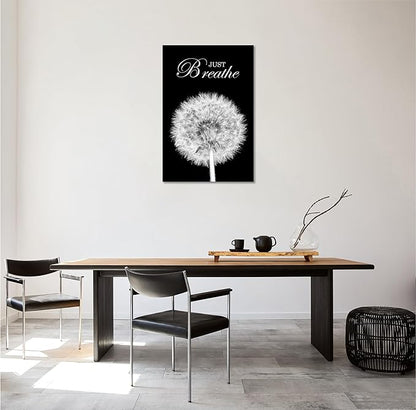 YIOZHAOFH Black Dandelion Picture Artwork Bedroom Decoration Just Breathe Canvas Painting Photo Relaxing Meditation Art Wall Decor Framed for Home Room Office (28L x 44W)