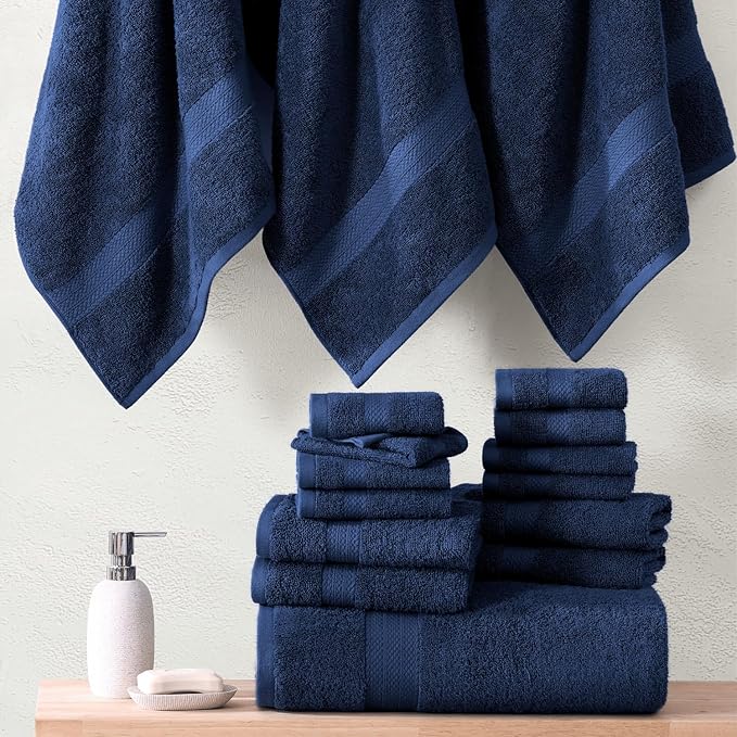 LANE LINEN 24 PC Premium Towel Set - 2 Bath Sheets, 4 Bath Towels, 4 Fingertip, 8 Washcloths, 6 Hand Towels - 100% Ringspun Cotton - Highly Absorbent Towels for Bathroom, Gym, Hotel & Spa - Navy Blue