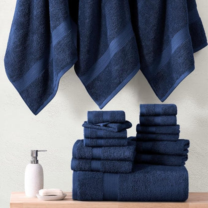 LANE LINEN 24 PC Premium Towel Set - 2 Bath Sheets, 4 Bath Towels, 4 Fingertip, 8 Washcloths, 6 Hand Towels - 100% Ringspun Cotton - Highly Absorbent Towels for Bathroom, Gym, Hotel & Spa - Navy Blue