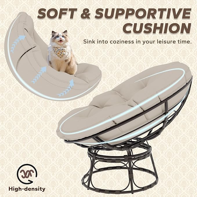 46'' Large Size Papasan Chair with Cushion and Frame, Lazy Circle Round Chair for Bedroom and Living Room, Beige