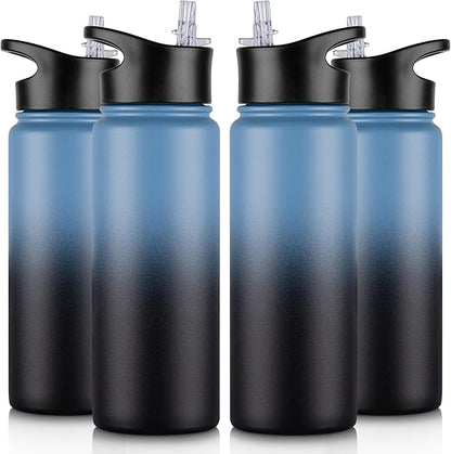 24 oz Insulated Water Bottle Bulk 4 Pack, Stainless Steel Sports Water Bottles with Straw Lid & Wide Mouth Lids, Double Walled Vacuum, Leak Proof, Blue Black Gradient