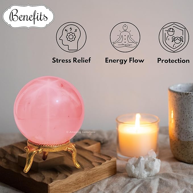 Amazing Gemstone Star Rose Quartz Crystal Ball with Stand - 2 Inches Crystal Sphere Meditation Balls for Witchcraft and Decorative Balls