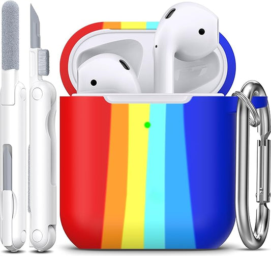 R-fun Compatible with AirPods Case Cover, Soft Silicone Protective Cover with Keychain for Women Men Compatible with Apple AirPods 2nd 1st Generation Charging Case, Front LED Visible,Rainbow