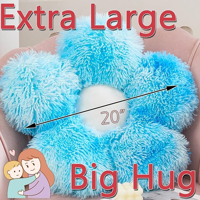 MorroMorn Flower Pillow Shaped Throw Pillows, 20" Floor Pillow Butt Cushion - Fluffy Shaggy Daisy Floral Decorative Pillows for Bed Couch Sofa Chair Cute Plush Faux Fur Room Decor (Aqua)