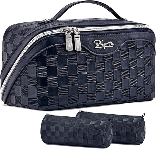 BOYATU Travel Makeup Bag Organizer Cosmetic Bag: 3 Pcs Set Make up Bags for Women with Handle - Waterproof Vegan Leather Toiletry Bags Travel Essentials Pouch with Compartments (C-12-Dark Blue)