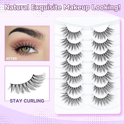 Cat Eye Lashes 16mm Anime Eyelashes 3D Volume False Eyelashes Natural 0.1MM Thin Band Soft C Curl Eye Lashes Pack 7 Pair