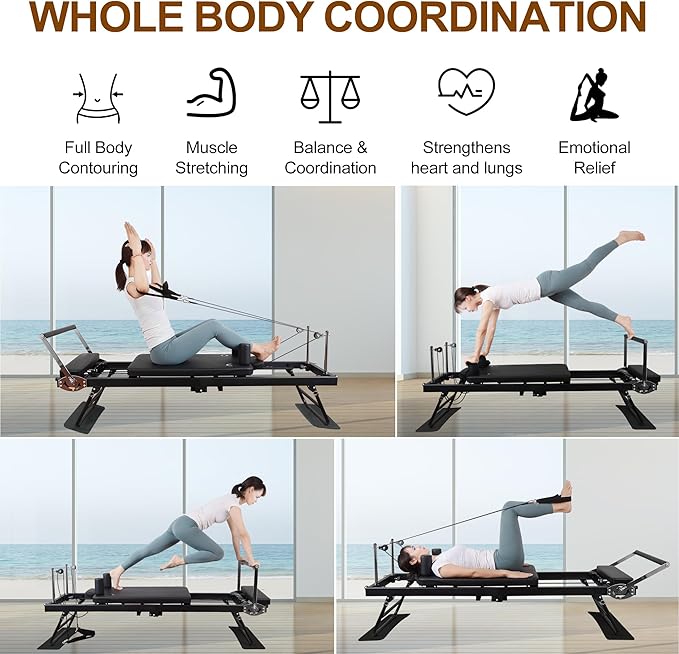 Pilates Reformer Ultra MAX-80101, Foldable Pilates Reformer Machine with a Extra Set of Drawstring, for Fome and Gym Workout- Cardio Fitness Rebounder - Springs and Jump Board Up to 400 LBS