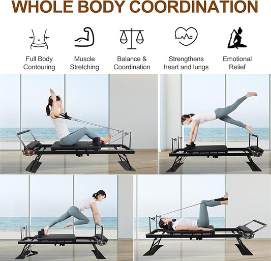 Pilates Reformer Ultra MAX-80101, Foldable Pilates Reformer Machine with a Extra Set of Drawstring, for Fome and Gym Workout- Cardio Fitness Rebounder - Springs and Jump Board Up to 400 LBS