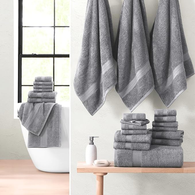 LANE LINEN Cotton Bath Towel Set - 24 Pcs - Highly Absorbent, Quick Dry & Ultra Soft - 2 Bath Sheets, 4 Bath, 6 Hand Towels, 8 Washcloths, 4 Fingertip - Oeko Tex Certified - Space Grey