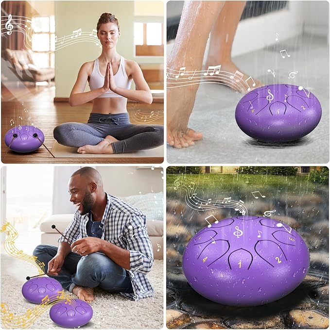 Rain Drum for Outside Garden, 6 Inches 8 Notes Steel Tongue Drums, Waterproof Meditation Echo Rain Chime, Musical Instruments for Adult Gift with Bag, Music Book, Mallets (Purple)