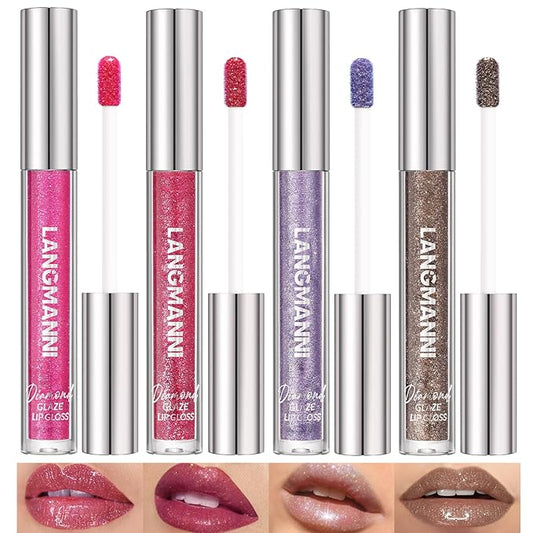 LANGMANNI 4 Colors Diamond Glitter Lip Gloss Set,Long Lasting High Shine Shimmer Liquid Lipstick Set,Hydrating,Moisturizing Lip Gloss Kit Gift Makeup For Girls(#01+02+03+04)