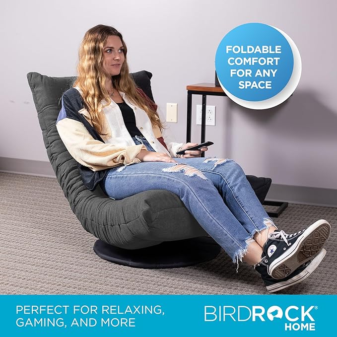 BIRDROCK HOME Swivel Floor Chair - 360 Adjustable Memory Foam Lounge Seat - Gaming - Comfortable Back Support - Cushion Dorm Rocker - Comfy for Reading Game Meditating - Fully Assembled (Grey)